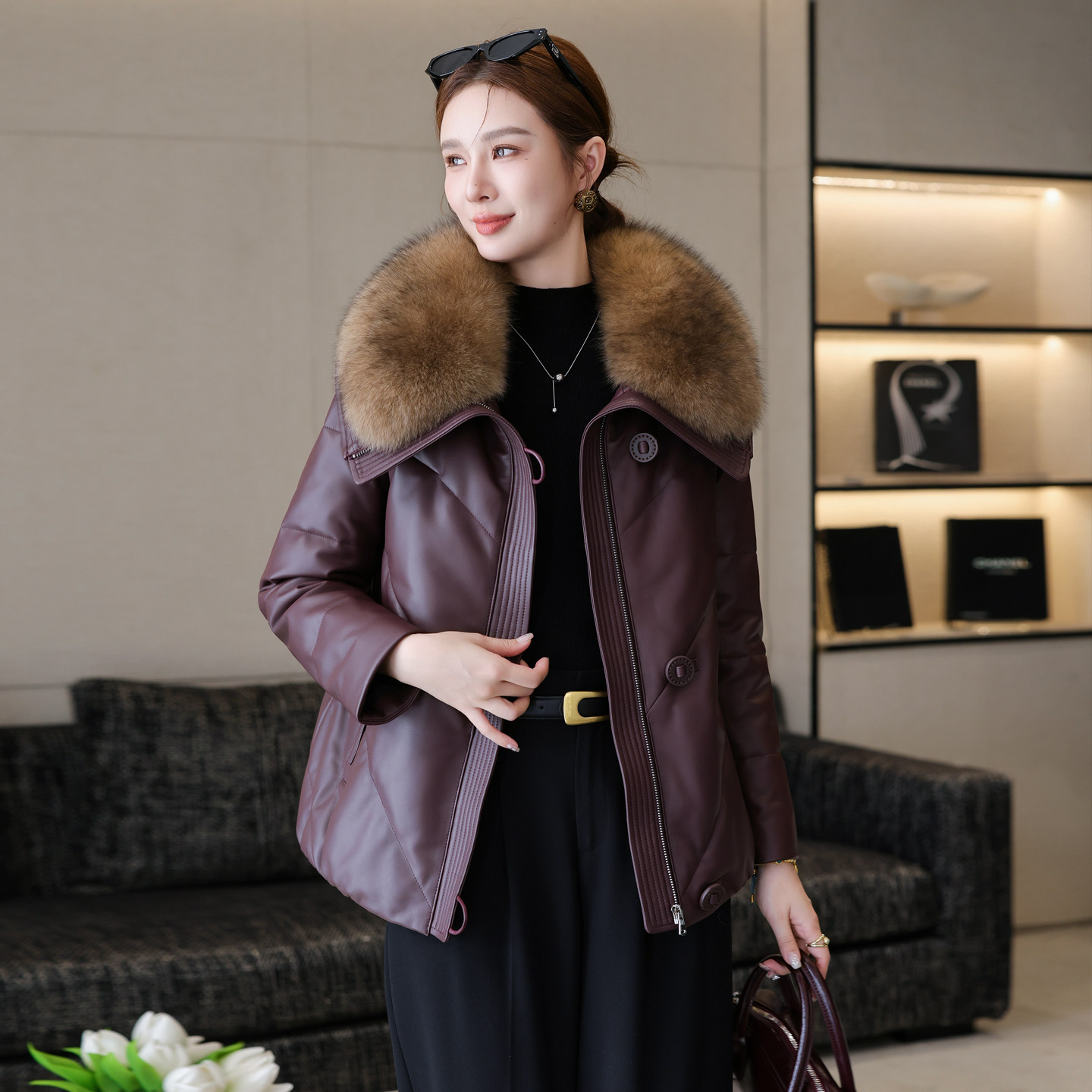 海宁真皮羽绒服女2025冬季新款绵羊皮狐狸毛领皮衣皮草外套短款,女装/女士精品,皮衣,淘宝优惠券,粉丝福利购,淘宝优惠卷