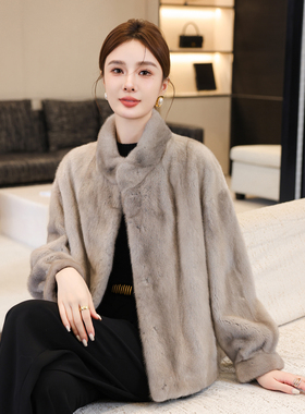 高端水貂毛皮草外套女冬季新款整貂裘皮紫标天鹅绒貂皮大衣短款