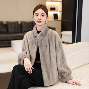 高端水貂毛皮草外套女冬季新款整貂裘皮紫标天鹅绒貂皮大衣短款