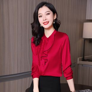 真丝衬衫女士2023春秋季新款立领桑蚕丝上衣红色缎面