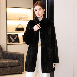 水貂皮草大衣女冬季新立领紫标天鹅绒整貂裘皮皮毛一体外套中长款