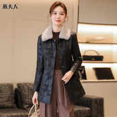 真皮羽绒服女秋冬季 海宁绵羊皮皮衣外套中长款 新款 国风印花修身