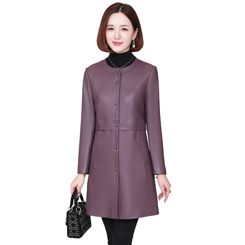 海宁真皮皮衣女士2025年春秋季新款圆领修身显瘦绵羊皮外套中长款