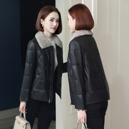 水貂毛领鹅绒服海宁绵羊皮夹克