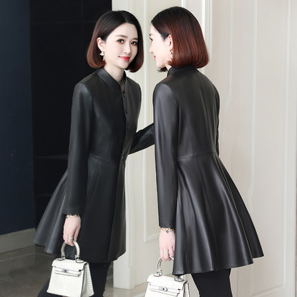 高档真皮皮衣女2024春秋季新款收腰裙摆式海宁绵羊皮风衣中长款