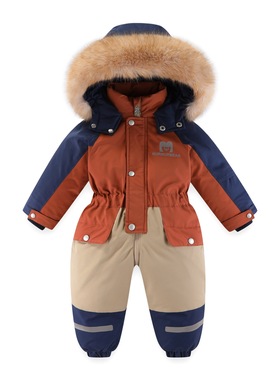 拼色连帽加绒加厚滑雪服儿童连体衣2025冬季新款爬服