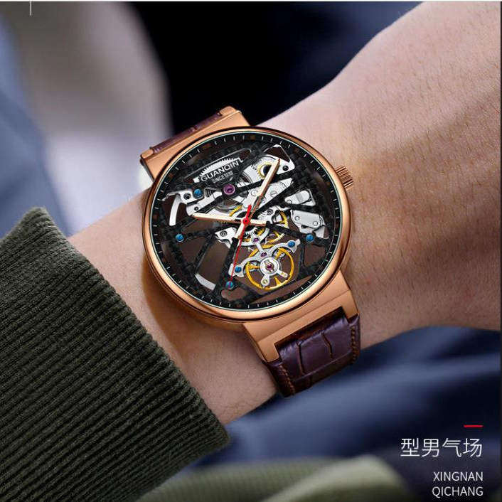 男士全自动机械表双面镂空时尚霸气大表盘皮带冠琴韩版正品手表