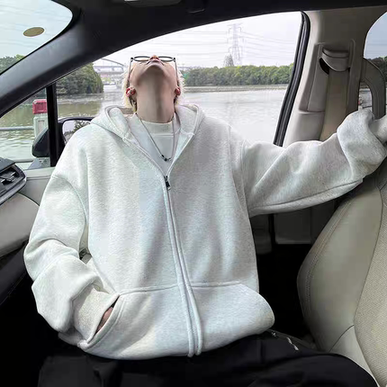 白灰色连帽卫衣男春秋季美式重磅纯棉运动上衣痞帅双拉链开衫外套