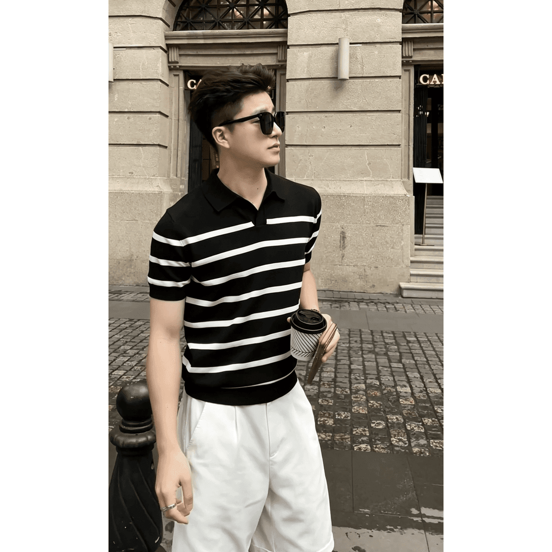 老钱风黑白条纹短袖POLO衫男2026夏季翻领针织T恤休闲风透气修身
