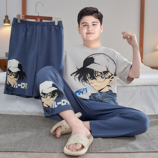 胖童装男童纯棉家居服套装夏装初中生短袖睡衣三件套夏季宽松薄款
