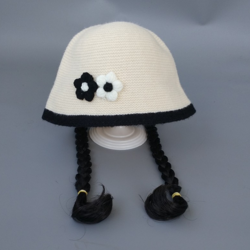 ins儿童帽子女童宝宝渔夫帽秋冬新款水桶盆帽花朵公主假发一体帽