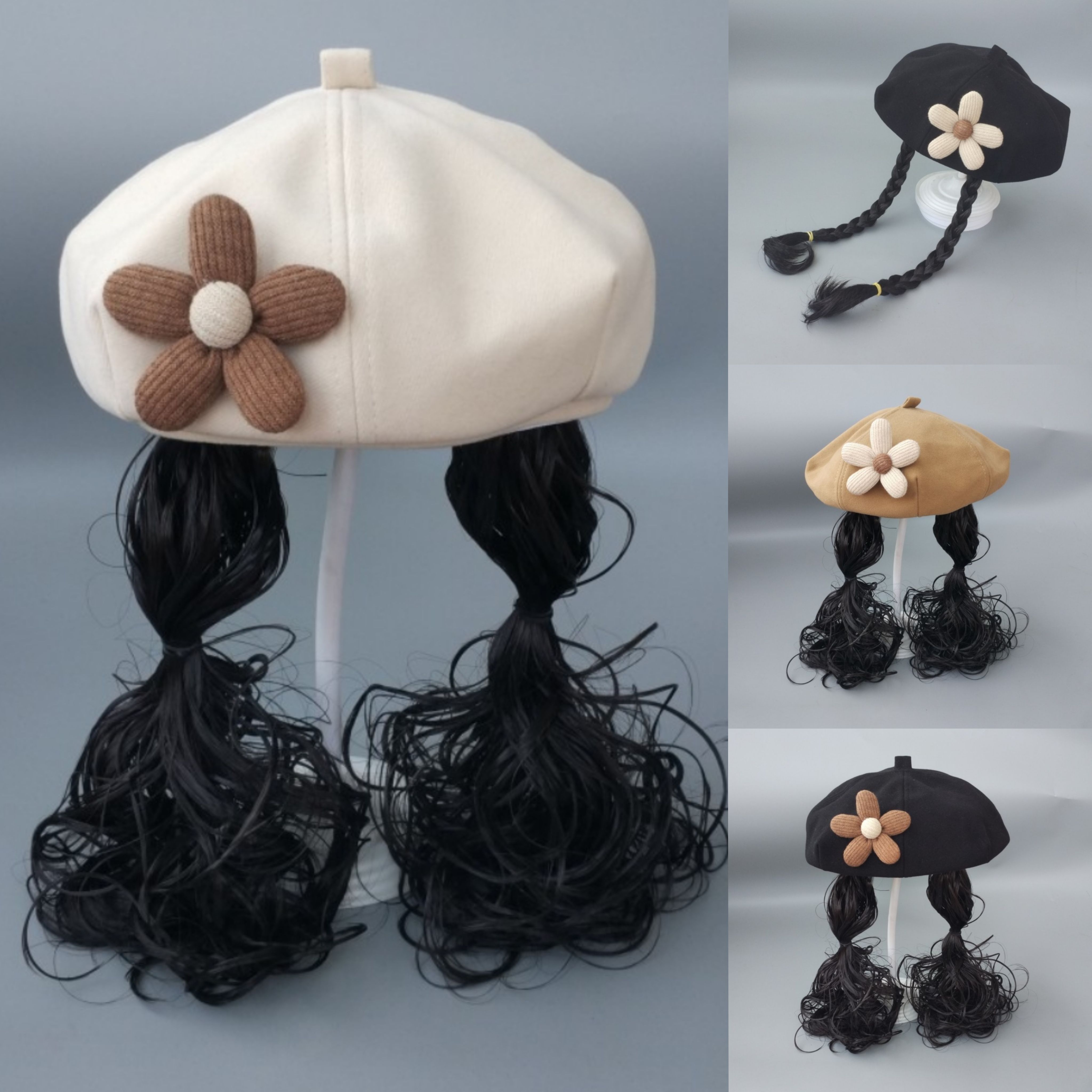 宝宝帽子秋冬羊毛呢贝雷帽女童假发南瓜帽婴儿画家帽儿童八角帽春