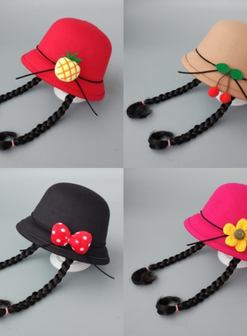 春秋冬天儿童帽子1-3-5岁女童假发辫子小礼帽女宝宝公主帽婴儿帽2