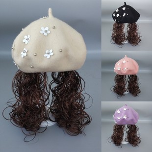 女童羊毛呢长发贝雷帽儿童帽韩国帽子女宝宝小女孩礼帽秋冬假发帽