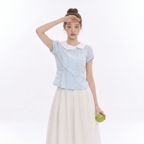 2026夏季甜美少女娃娃领撞色收腰波点衬衫泡泡袖显瘦短袖