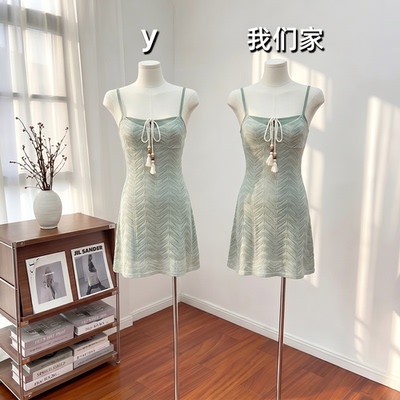 小众绿色设计感小个子针织假两件吊带连衣裙收腰显瘦百搭短裙子