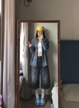大码美式复古黑色牛仔七分裤女夏薄款裤子宽松好看中裤