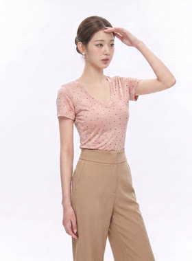 微胖轻熟风性感v领短袖正肩T恤女春夏季纯欲辣妹紧身显瘦波点上衣