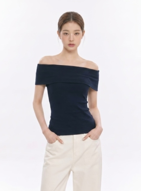 气质一字肩短袖T恤女2026夏季新款纯欲风藏青色收腰修身露肩上衣