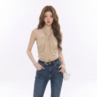 小个子性感辣妹无袖上衣女夏法式时尚百搭挂脖小背心