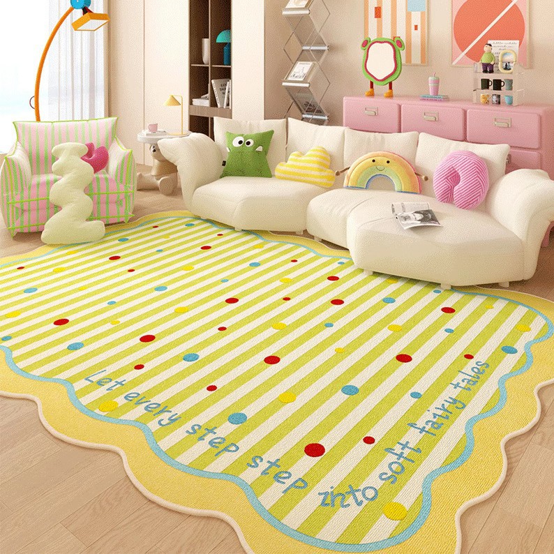 ins多巴胺黄色波点客厅地毯防水通沙发地垫免洗可擦儿童卧室床边