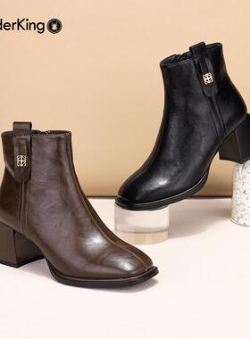 蜘蛛王女短靴2025冬季新款粗跟方头时装靴加绒女靴黑色法式小踝靴