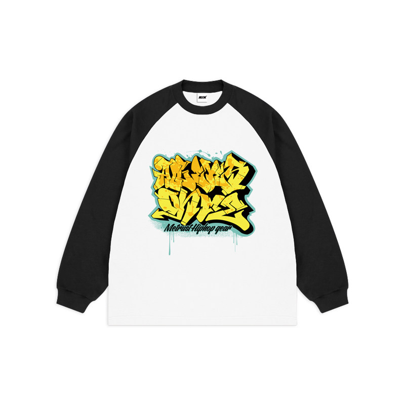 蜜丘琳美式嘻哈风撞色插肩袖长袖T恤宽松涂鸦印花潮牌百搭上衣,男装,T恤,淘宝优惠券,粉丝福利购,淘宝优惠卷
