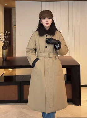 韩版双面穿风衣式拼接小羊皮鹅绒时髦皮毛一体领羽绒服女长款外套