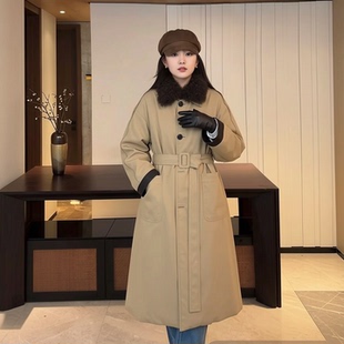 韩版双面穿风衣式拼接小羊皮鹅绒时髦皮毛一体领羽绒服女长款外套