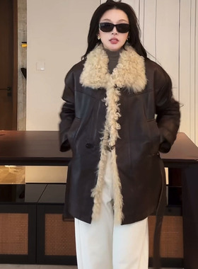 MS冬季魔幻双色复古莫斯娜毛领皮衣女中长款皮毛一体收腰外套保暖