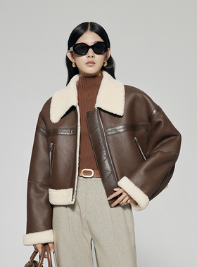 冬季热卖新款进口美式羊羔毛皮毛一体短款皮衣外套女老钱皮草夹克