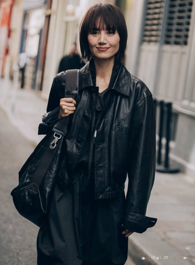 25秋季新款女士翻领复古羊皮双面穿短款百搭通勤夹克双城往事外套