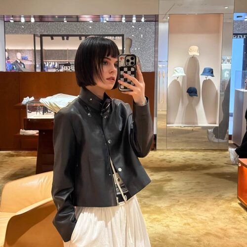 MEESINVER女士翻领复古皮衣