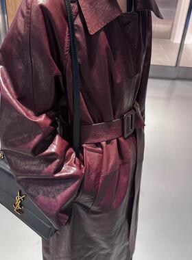 复古安可拉红翻领羊皮腰带双面穿显瘦阔版长款风衣做旧皮衣