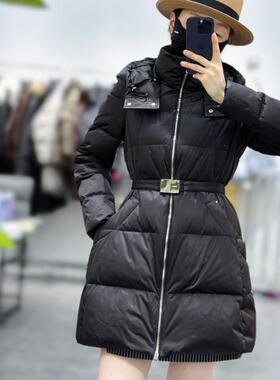 冬季新款时尚收腰显瘦连帽鹅绒羽绒服女中长款加厚保暖外套
