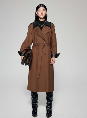 秋季新品双排扣拼接小羊皮宽松女长款显瘦英伦风衣外套美拉德复古