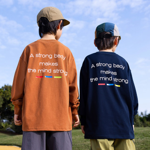 街头休闲风字母印花长袖 圆领运动训练速干上衣 T恤男童宽松落肩袖