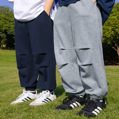 男童春夏薄款卫裤纯色褶皱运动裤