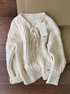 2026HOWUS韩国宽松温柔百搭系带麻花长袖米白针织毛衣打底