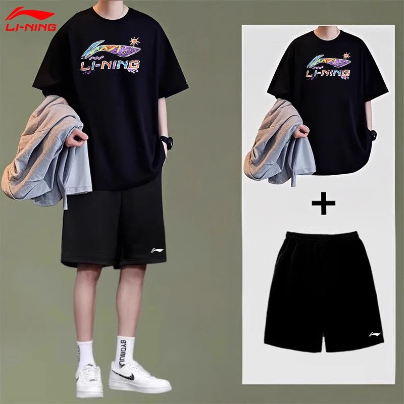 李宁运动套装男士2026夏季新款青少年宽松休闲短袖短裤跑步两件套