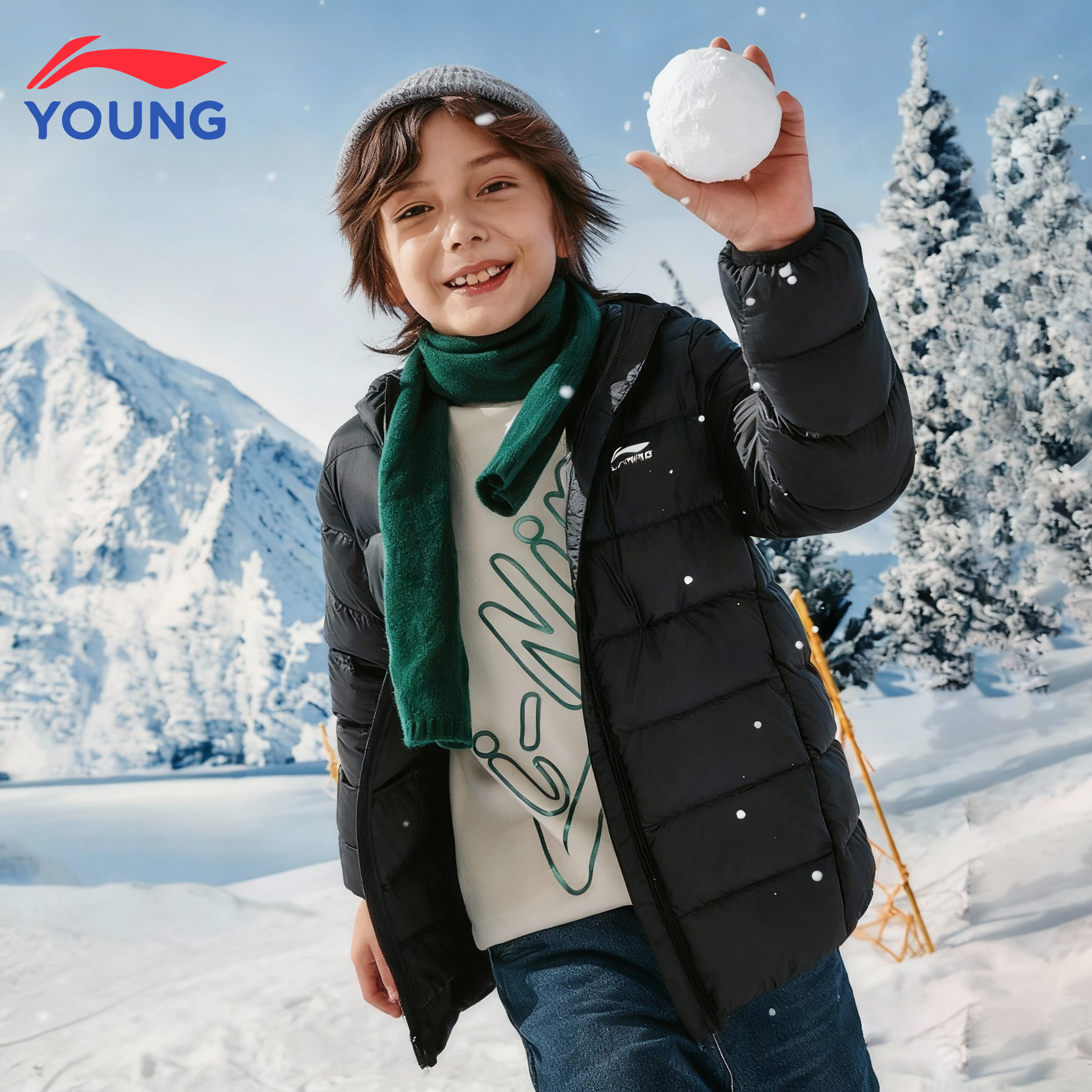 李宁童装短羽绒服男女童25新款冬季加厚防泼水运动连帽羽绒外套