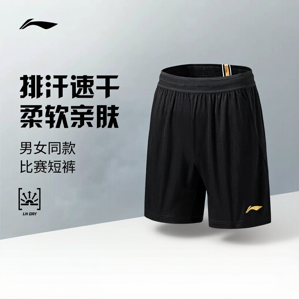 李宁羽毛球服大赛系列男女同款夏季凉爽排汗运动休闲训练比赛短裤