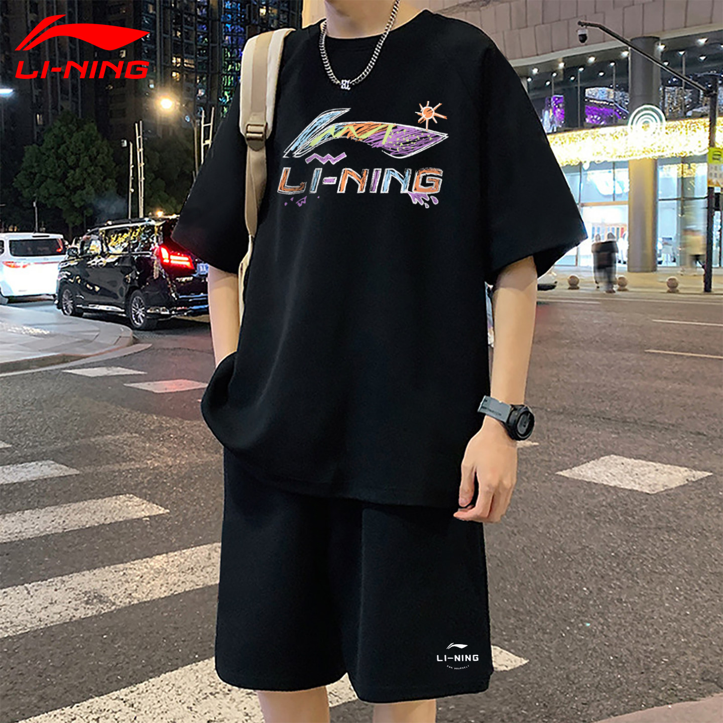 李宁青少年运动套装2026春夏季新款宽松圆领短袖t恤短卫裤两件套