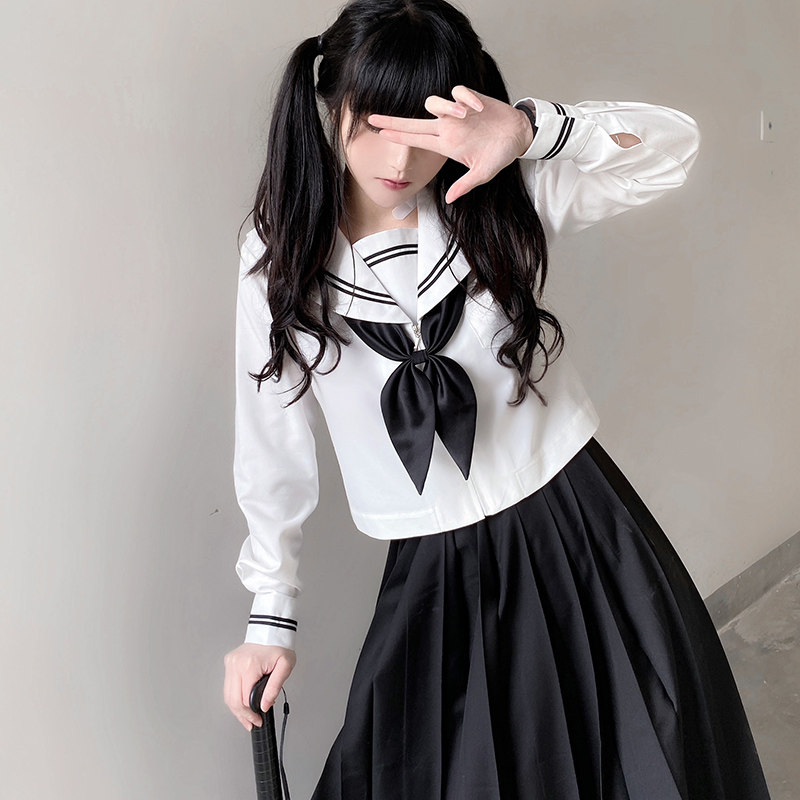 原创jk制服裙正版套装不良长裙白二本黑基础款全套水手服夏服
