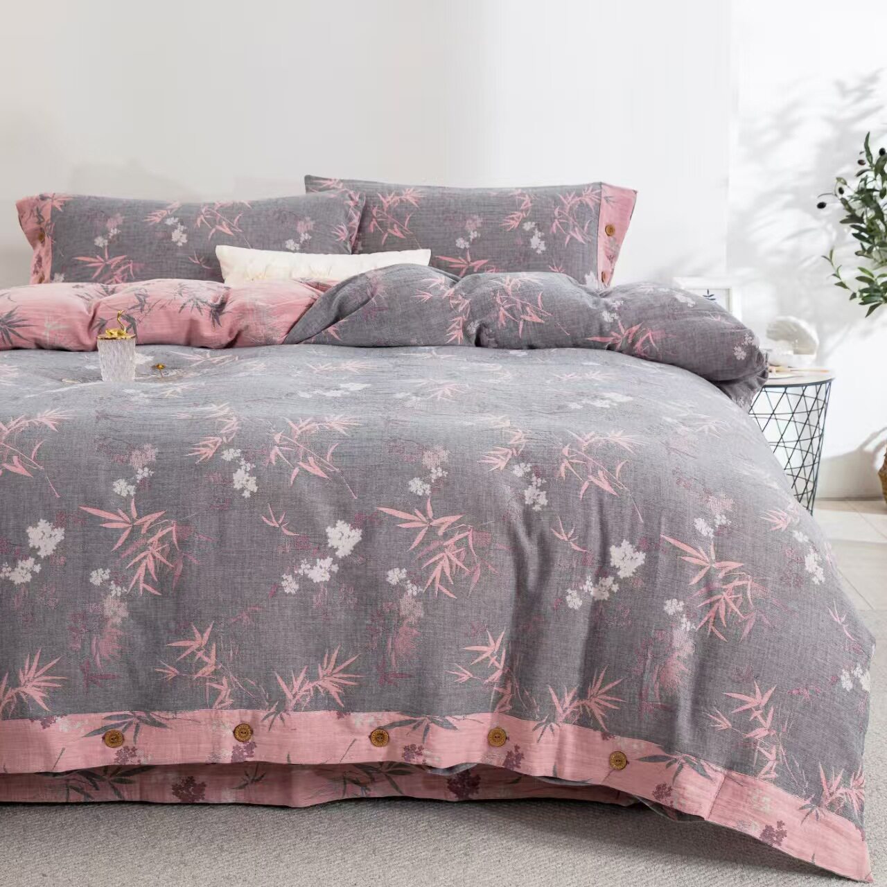 九月上新复古双面全棉A类色织提花双层纱四件套裸睡床品纽扣被套