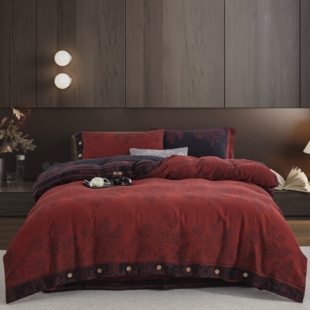 上新复古双面全棉A类色织提花双层纱四件套四季纯棉床品纽扣被套