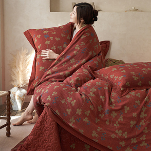 26新中式复古红A类色织全棉双层纱床盖款四件套绗缝夹棉加厚床单