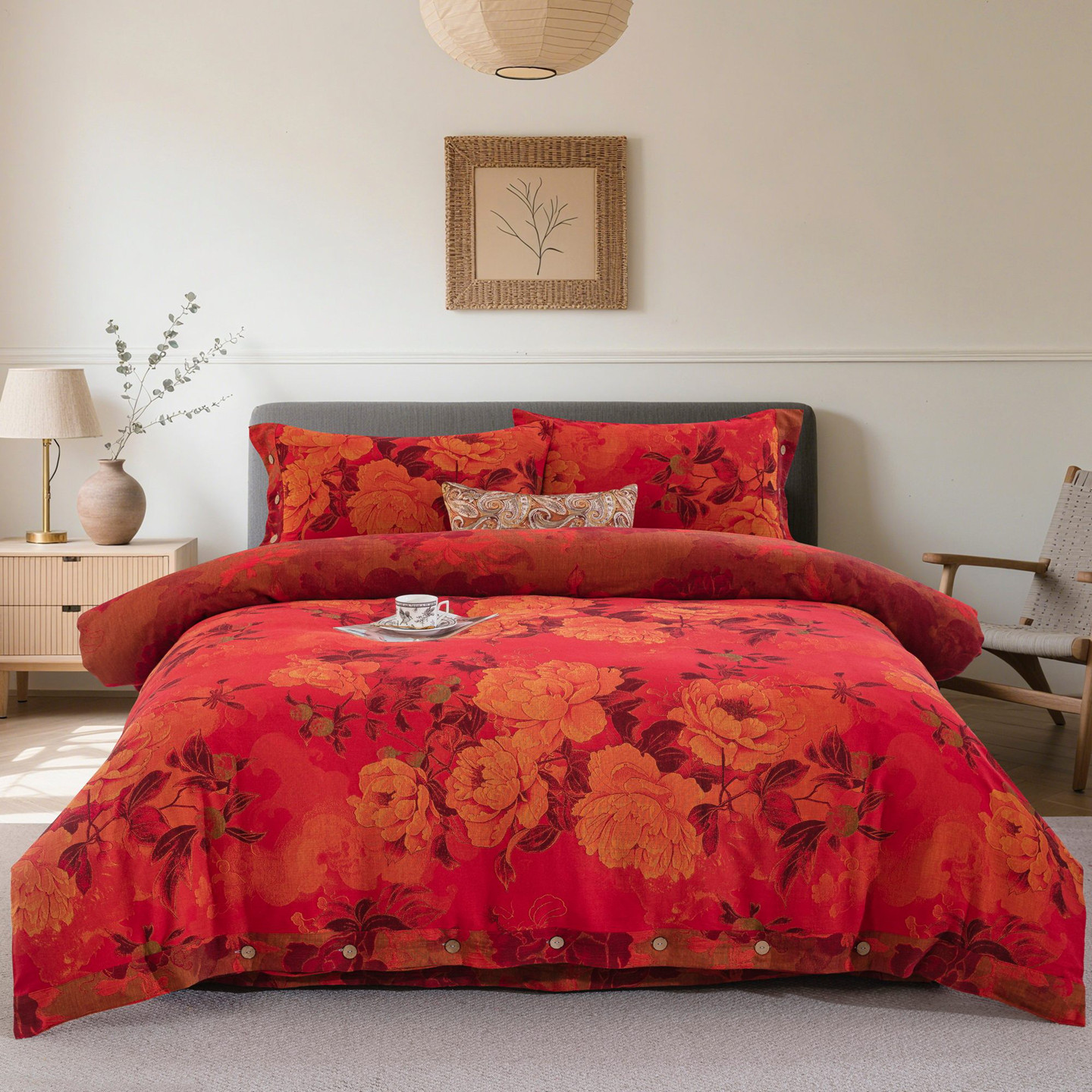 26上新复古中式富贵牡丹A类双面全棉色织双层纱四件套红结婚庆囍,床上用品,床品套件/四件套/多件套,淘宝优惠券,粉丝福利购,淘宝优惠卷