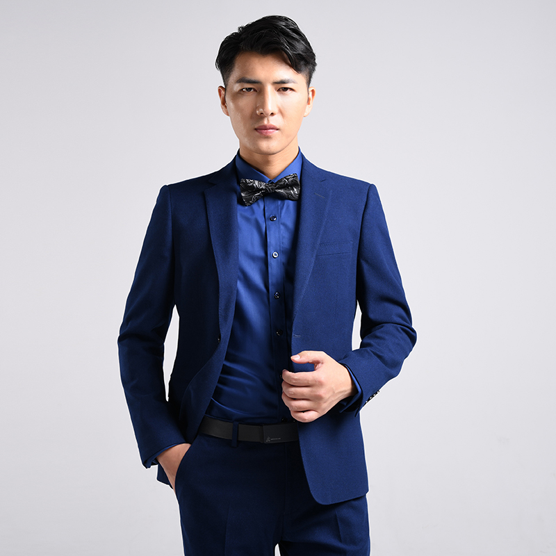 西服套装男士韩版修身西装男 蓝色抓毛休闲西服 结婚礼服套装男
