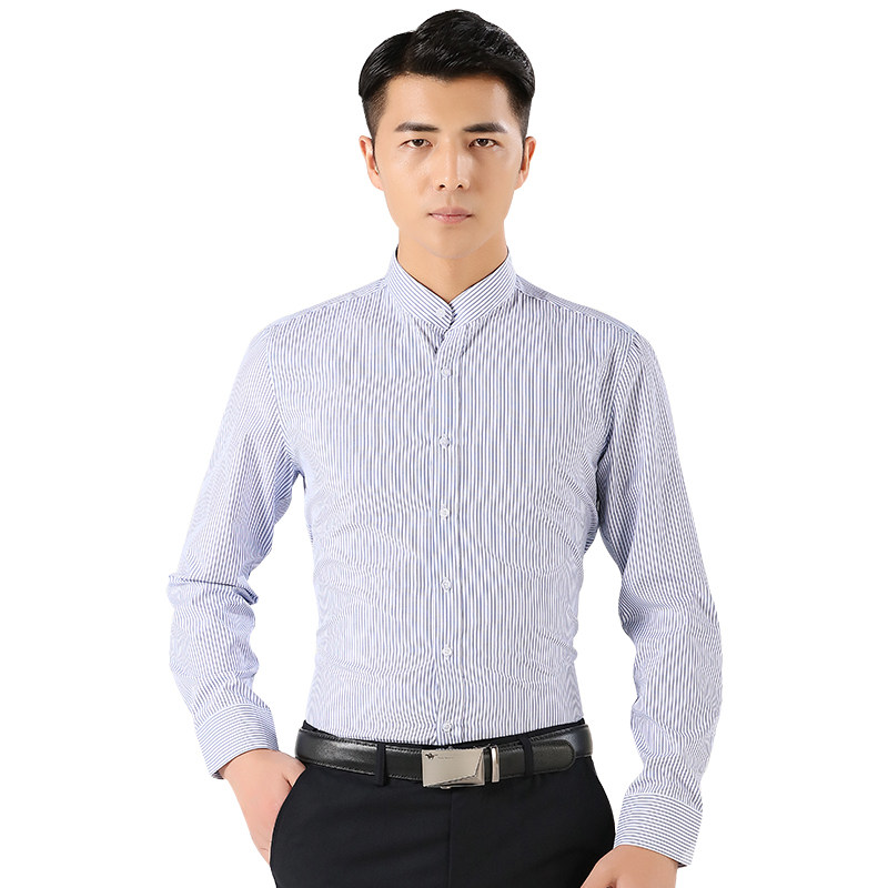 立领长袖衬衫男士修身青年蓝色条纹圆领衬衣商务休闲职业